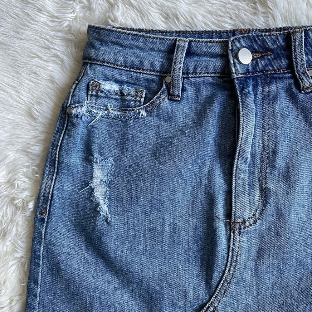 AFRM Skirt Denim Distressed Raw Hem Light Wash 28
